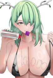 1girl antlers bikini black_bikini bottle bra braid braided_bangs branch breasts ceres_fauna cleavage clothes_pull condom condom_in_mouth condom_wrapper green_hair green_nails highres holocouncil hololive hololive_english horns large_breasts long_hair looking_at_viewer lotion lotion_bottle lube lubrication mole mole_under_eye mouth_hold pulling_own_clothes si_farid smile solo sweatdrop swimsuit tree_horns underwear undressing virtual_youtuber yellow_eyes