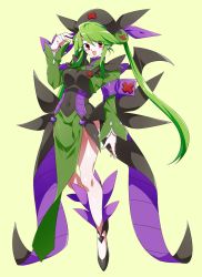 Rule 34 | 1girl, :d, alternate color, armband, black footwear, breasts, covered navel, creatures (company), dress, eyes visible through hair, fingernails, full body, game freak, gen 5 pokemon, green background, green hair, hair between eyes, hand up, heart, highres, hydreigon, long hair, long sleeves, medium breasts, momoshiro, multicolored clothes, multicolored dress, nintendo, open mouth, personification, pokemon, red eyes, shiny pokemon, sidelocks, simple background, smile, solo, twintails, very long hair