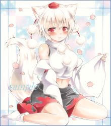 Rule 34 | 1girl, animal ears, bad id, bad pixiv id, bare shoulders, blush, breasts, colored pencil (medium), detached sleeves, hat, inubashiri momiji, large breasts, looking at viewer, marker (medium), midriff, navel, pom pom (clothes), potto, potto (minntochan), red eyes, sample watermark, short hair, silver hair, sitting, solo, tail, tokin hat, touhou, traditional media, watermark, wolf ears, wolf tail