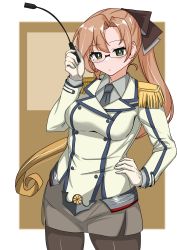 Rule 34 | 1girl, absurdres, akigumo (kancolle), black necktie, black pantyhose, brown hair, buttons, collared shirt, cosplay, double-breasted, epaulettes, glasses, gloves, green eyes, grey shirt, grey skirt, hand on own hip, high ponytail, highres, holding riding crop, jacket, kantai collection, katori (kancolle), katori (kancolle) (cosplay), long hair, long sleeves, looking at viewer, military, military uniform, mole, mole under eye, necktie, pantyhose, pencil skirt, riding crop, shirt, skirt, solo, tokiwa senkei, uniform, white gloves, white jacket