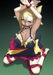 Rule 34 | 1girl, arms up, ball gag, barefoot, bdsm, blonde hair, bound, bound wrists, bow, breasts, demon girl, disgaea, dress, gag, gagged, handsofmidaz, highres, large breasts, looking at viewer, makai senki disgaea 2, pointy ears, red eyes, restrained, rozalin, short hair, solo, strapless, strapless dress, variant set, yellow bow