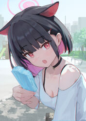 Rule 34 | 1girl, :o, absurdres, alternate costume, animal ears, black choker, black hair, blue archive, breasts, cat ears, choker, cleavage, collarbone, colored inner hair, dot nose, extra ears, fingernails, food, hair behind ear, hair ornament, hairclip, halo, highres, holding, holding food, holding popsicle, ice cream, kazusa (blue archive), light blush, looking at viewer, medium breasts, multicolored hair, off shoulder, open mouth, outdoors, pink hair, popsicle, red eyes, ryh4, shirt, short hair, sidelocks, solo, swept bangs, two-tone hair, upper body, white shirt