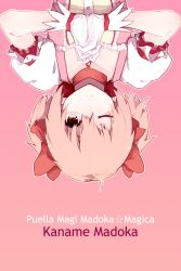 Rule 34 | 10s, 1girl, blouse, character name, choker, collarbone, copyright name, english text, gloves, gradient background, hair between eyes, hair ribbon, hanyae, highres, jewelry, kaname madoka, looking at viewer, mahou shoujo madoka magica, mahou shoujo madoka magica (anime), one eye closed, own hands clasped, own hands together, pendant, pink background, pink hair, puffy short sleeves, puffy sleeves, red eyes, ribbon, shirt, short sleeves, short twintails, simple background, solo, text focus, twintails, upper body, upside-down, white gloves
