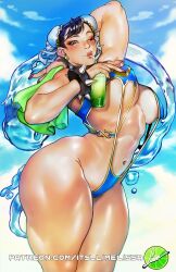 Rule 34 | 1girl, black hair, bracelet, breasts, bun cover, capcom, chun-li, cup, double bun, drinking straw, earrings, fingernails, hair bun, highres, holding, holding cup, jewelry, large breasts, lime lissa, looking at viewer, navel, one eye closed, sharp fingernails, slingshot swimsuit, smile, spiked bracelet, spikes, street fighter, swimsuit, thick thighs, thighs, towel, towel on head, water, watermark, web address