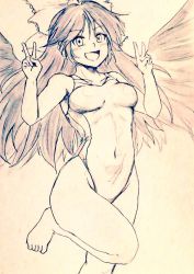 Rule 34 | 1girl, bare legs, barefoot, bird wings, bow, commentary request, competition swimsuit, covered navel, cowboy shot, d-m (dii emu), double v, eyelashes, feathered wings, greyscale, hair bow, leg up, long hair, looking at viewer, monochrome, one-piece swimsuit, open mouth, reiuji utsuho, swimsuit, toes, touhou, traditional media, v, very long hair, wings