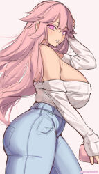 Rule 34 | 1girl, adjusting hair, alternate costume, breasts, casual, denim, genshin impact, high-waist pants, highres, jeans, kanachirou, large breasts, long hair, looking to the side, off-shoulder sweater, off shoulder, pants, parted lips, pink eyes, pink hair, sideboob, simple background, sketch, slit pupils, solo, sweater, twitter username, very long hair, walking, white background, white sweater, yae miko