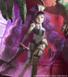 Rule 34 | 1girl, bedlam, breasts, claws, colored skin, crop top, doll joints, gloves, green eyes, hat, huge weapon, joints, lips, long hair, lord of vermilion, lord of vermilion iii, multi-tied hair, necktie, nose, purple hair, reverse grip, small breasts, solo, very long hair, weapon, white skin, yuu kikuchi
