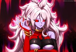 Rule 34 | 1girl, absurdres, android 21, black sclera, blue skin, bracelet, breasts, clothing cutout, colored sclera, colored skin, dragon ball, dragon ball fighterz, dragon ball xenoverse, earrings, female focus, fusion, glowing, glowing eyes, highres, jewelry, large breasts, licking lips, long hair, looking at viewer, monster girl, nail polish, pea-bean, pointy ears, potara earrings, potara fusion, purple skin, red eyes, revealing clothes, solo, tongue, tongue out, towa (dragon ball), underboob, underboob cutout, upper body, white hair