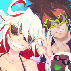 Rule 34 | 1boy, 1girl, black hair, blush stickers, day, familiar, forehead protector, glasses, grin, group picture, guilty gear, guilty gear xrd, jack-o&#039; valentine, opaque glasses, red hair, shimizu shirube, smile, sol badguy, spaghetti strap, star-shaped eyewear, star (symbol), sunglasses, yellow-framed eyewear
