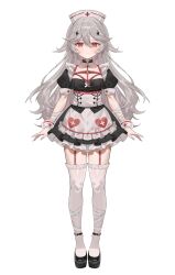 Rule 34 | 1girl, absurdres, apron, bandaged arm, bandages, black choker, black dress, black footwear, chest harness, choker, collarbone, corset, cross print, dress, frilled apron, frilled thighhighs, frills, garter straps, harness, hat, heart o-ring, highres, indie virtual youtuber, long hair, looking at viewer, minagoro-chan, nurse, nurse cap, o-ring, o-ring choker, o-ring harness, official art, pink eyes, puffy short sleeves, puffy sleeves, shoes, short sleeves, simple background, solo, tachi-e, thighhighs, very long hair, virtual youtuber, white background, white corset, white hair, white thighhighs, wrist cuffs, zutsuyaku