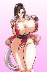 Rule 34 | 1girl, breasts, covered erect nipples, fatal fury, highres, huge breasts, image sample, pixiv sample, ponytail, shiranui mai, solo, wrato