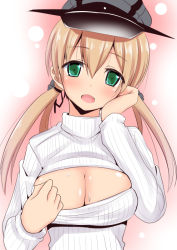 Rule 34 | 10s, 1girl, blonde hair, breasts, cleavage cutout, clothing cutout, green eyes, hands on own face, hat, kantai collection, large breasts, long hair, looking at viewer, low twintails, meme attire, open-chest sweater, open mouth, peaked cap, prinz eugen (kancolle), ribbed sweater, solo, sweater, takeyuu, turtleneck, twintails, upper body