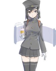 Rule 34 | 1girl, akitsu maru (kancolle), backpack, bag, black hair, black thighhighs, breasts, buttons, commentary request, dated, flight deck scroll, gloves, hat, kangoku kou, kantai collection, large breasts, looking at viewer, one-hour drawing challenge, school uniform, short hair, solo, standing, thighhighs, twitter username, white background, white gloves, zettai ryouiki