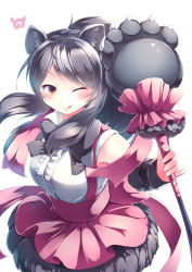 Rule 34 | 10s, 1girl, :q, absurdres, animal ears, bear ears, paw stick, bergman&#039;s bear (kemono friends), black bow, black bowtie, black hair, blouse, bow, bowtie, center frills, collared shirt, commentary request, frills, highres, japari symbol, kanzakietc, kemono friends, long hair, looking at viewer, pink skirt, ponytail, popped collar, red eyes, shirt, simple background, skirt, sleeveless, sleeveless shirt, solo, suspender skirt, suspenders, tongue, tongue out, white background, white shirt