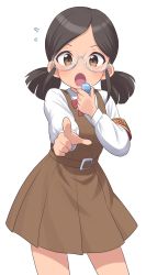 Rule 34 | 1girl, absurdres, belt, black hair, blush, bow, bowtie, brown belt, brown dress, brown eyes, commentary, cowboy shot, dot nose, dress, flying sweatdrops, glasses, hand up, highres, holding, holding whistle, idolmaster, idolmaster cinderella girls, long sleeves, looking at viewer, open mouth, parted bangs, pleated dress, pointing, pointing at viewer, red bow, red bowtie, round eyewear, saejima kiyomi, school uniform, semi-rimless eyewear, shirt, short hair, short twintails, sidelocks, solo, twintails, v-shaped eyebrows, whistle, white background, white shirt, yama tatsuo