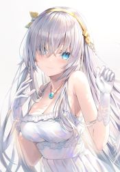 Rule 34 | 1girl, anastasia (fate), aquamarine (gemstone), bare shoulders, blue eyes, blush, breasts, dress, fate/grand order, fate (series), gloves, hair between eyes, hair over one eye, hairband, hands up, highres, jewelry, large breasts, long hair, looking at viewer, necklace, rin yuu, silver hair, sleeveless, sleeveless dress, smile, solo, very long hair, white gloves