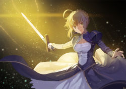 Rule 34 | 1girl, ahoge, artoria pendragon (fate), blonde hair, club3, dark background, dress, excalibur (fate/stay night), fate/stay night, fate (series), glowing, glowing sword, glowing weapon, green eyes, grin, light particles, saber (fate), smile, solo, sword, weapon