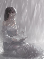 Rule 34 | 1girl, bare shoulders, book, breasts, brown eyes, brown hair, closed mouth, curtains, dress, frilled dress, frills, grey background, grey theme, highres, holding, holding book, kisei2, long hair, long sleeves, looking away, off-shoulder dress, off shoulder, open book, original, sideways mouth, sitting, sketch, small breasts, solo, transparent, wariza, white dress, wide sleeves