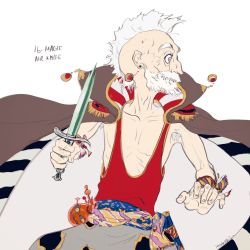 Rule 34 | 1boy, armpit hair, bear, cape, earrings, facial hair, final fantasy, final fantasy vi, highres, holding, holding knife, holding weapon, jewelry, knife, mohawk, mustache, oju (ouka), old, old man, red shirt, sash, shirt, square enix, strago magus, tank top, weapon, white hair