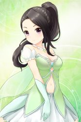 Rule 34 | 1girl, alternative girls, arm behind back, black hair, breasts, choker, cleavage, closed mouth, gloves, green background, highres, looking at viewer, official art, ponytail, purple eyes, saionji rei, skirt, smile, solo, white skirt