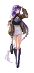 Rule 34 | 1girl, absurdres, alternate costume, arm up, bag, black bag, black footwear, black shirt, blush, boots, braid, breasts, brown jacket, cleavage, cleavage cutout, closed mouth, clothing cutout, eyewear on head, full body, genshin impact, hair ornament, highres, holding, holding bag, jacket, jewelry, knee boots, large breasts, long hair, long sleeves, looking at viewer, low-braided long hair, low-tied long hair, mole, mole under eye, necklace, purple eyes, purple hair, raiden shogun, shirt, shirt tucked in, simple background, single bare shoulder, skirt, solo, sunglasses, thighs, tiokun7, very long hair, white background, white skirt