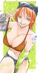 Rule 34 | 1girl, bra, breasts, cleavage, female focus, highres, hotpants, large breasts, midriff, nami (one piece), navel, one piece, orange hair, shinramen isgod, short hair, short shorts, shorts, smile, solo, tattoo, thick thighs, thighs, underwear, v