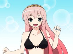 Rule 34 | 1girl, animated, animated gif, bikini, blue eyes, blue nails, bouncing breasts, breasts, cleavage, front-tie top, long hair, mameshiba (pixiv 59310), megurine luka, nail polish, pink hair, running, smile, solo, swimsuit, vocaloid
