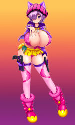 Rule 34 | 1girl, absurdres, animal ears, areola slip, blush, breasts, btk, cameltoe, cat ears, cleavage, covered erect nipples, fee kissethermit, full body, hair over one eye, highres, holding, holding weapon, huge breasts, looking at viewer, motto! haramase! honoo no oppai isekai ero mahou gakuen!, navel, open clothes, outstretched arm, outstretched hand, purple eyes, purple hair, reaching, short hair, smile, solo, standing, thighs, upper body, weapon