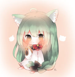 Rule 34 | 1girl, :&lt;, ahoge, akashi (azur lane), animal ears, azur lane, bad id, bad pixiv id, barefoot, bell, black bow, blush, bow, braid, brown eyes, cat ears, chibi, closed mouth, commentary request, cottontailtokki, dress, green hair, hair between eyes, hair bow, hand on own cheek, hand on own face, jingle bell, long hair, long sleeves, looking at viewer, low-braided long hair, low-tied long hair, red bow, sidelocks, sitting, solo, very long hair, white dress, wide sleeves