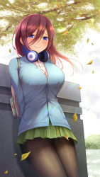 Rule 34 | 1girl, absurdres, arms behind back, bag, black pantyhose, blue cardigan, blue eyes, blush, breasts, brown hair, button gap, cardigan, closed mouth, collared shirt, commentary request, day, falling leaves, floating hair, go-toubun no hanayome, green skirt, hair between eyes, headphones, headphones around neck, highres, kannko bokujou, large breasts, leaf, leaning, light particles, long hair, long sleeves, looking at viewer, nakano miku, outdoors, pantyhose, pleated skirt, revision, school bag, school uniform, shirt, sidelocks, skirt, smile, solo, standing, uniform, white shirt, wind