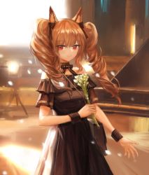 Rule 34 | 1girl, alternate costume, ambience synesthesia, angelina (arknights), animal ears, arknights, black bow, black collar, black dress, black wristband, bow, brown hair, chinese commentary, collar, dress, flower, fox ears, grand piano, hair bow, highres, holding, holding flower, instrument, long hair, looking at viewer, off-shoulder dress, off shoulder, orca (dragooon-yike), piano, red eyes, smile, solo, twintails, upper body