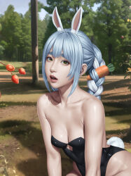 Rule 34 | 1girl, absurdres, animal ear fluff, animal ears, bare shoulders, black leotard, blue hair, blue sky, braid, breasts, caramel buding, carrot, carrot hair ornament, carrot in pocket, cleavage, collarbone, commentary, detached sleeves, foliage, food, food-themed hair ornament, forest, fruit, grass, green eyes, hair between eyes, hair ornament, hands on ground, hands on own knees, highleg, highleg leotard, highres, hikimayu, hololive, kneeling, leaning forward, leotard, lips, long hair, medium breasts, multicolored hair, nature, nose, outdoors, parted lips, pink lips, puffy short sleeves, puffy sleeves, rabbit ears, rabbit girl, rabbit tail, realistic, romaji commentary, shadow, short eyebrows, short sleeves, sidelocks, sky, solo, strapless, strapless leotard, strawberry, tail, teeth, thick eyebrows, twin braids, two-tone hair, upper teeth only, usada pekora, usada pekora (1st costume), virtual youtuber, white hair, white sleeves