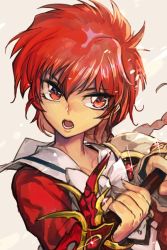 Rule 34 | collarbone, fingernails, hair between eyes, holding, hungry clicker, looking at viewer, magic knight rayearth, multicolored clothes, open mouth, red eyes, red hair, shidou hikaru, short hair, simple background, solo