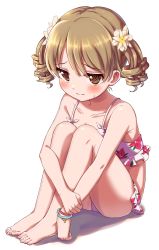 Rule 34 | 1girl, @ @, absurdres, alternate hairstyle, bare shoulders, barefoot, bikini, blush, bracelet, brown eyes, closed mouth, collarbone, commentary request, drill hair, feet, floral print, flower, frilled bikini, frills, hair flower, hair ornament, highres, hugging own legs, idolmaster, idolmaster cinderella girls, jewelry, knees up, legs, light brown hair, looking at viewer, morikubo nono, print bikini, rariemonn, ringlets, short hair, short twintails, simple background, sitting, solo, sweat, swimsuit, twintails, white background, white bikini