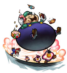 Rule 34 | 2boys, absurdres, brothers, cake, cookie, doughnut, eating, facial hair, fat, fat man, food, fruit, goombule, highres, ice cream, luigi, male focus, mario, mario &amp; luigi rpg, mario &amp; luigi: bowser&#039;s inside story, mario (series), multiple boys, mustache, nintendo, obese, official art, pastry, siblings, strawberry, throwing