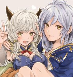 Rule 34 | 10s, 2girls, ahoge, armpits, bad anatomy, bad hands, braid, breasts, cape, carrying, cleavage, draph, granblue fantasy, hair between eyes, height difference, horns, kumuyu, light smile, long hair, long sleeves, looking at viewer, low twintails, multiple girls, nadu-king, open mouth, poorly drawn, silva (granblue fantasy), silver hair, simple background, smile, twin braids, twintails, upper body, wide sleeves, yellow eyes