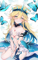 Rule 34 | 1girl, animal, bare arms, bare legs, bare shoulders, barefoot, blonde hair, blue hair, blush, breasts, bug, butterfly, collarbone, commentary request, commission, flower, frills, green eyes, hair between eyes, highres, insect, looking at viewer, multicolored hair, navel, original, parted lips, pointy ears, revealing clothes, signature, sitting, skeb commission, small breasts, solo, two-tone hair, wariza, watermark, white flower, yukimiya yuge