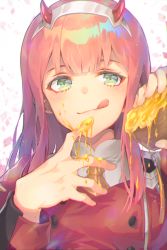 Rule 34 | 10s, 1girl, :q, bad id, bad pixiv id, blush, buttons, closed mouth, darling in the franxx, double-breasted, dripping, eyeshadow, food, food on face, food on hand, g.t, green eyes, hairband, hands up, holding, holding food, honey, horns, long hair, long sleeves, looking at viewer, makeup, military, military uniform, smile, solo, tongue, tongue out, uniform, upper body, white background, white hairband, zero two (darling in the franxx)