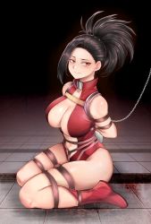 Rule 34 | 1girl, arms behind back, bdsm, black hair, boku no hero academia, bondage, boots, bound, breasts, brown eyes, center opening, chain, cleavage, code:074, crotch rope, frogtie, highres, large breasts, leotard, looking away, navel, sitting, skindentation, sweat, thighs, wariza, yaoyorozu momo