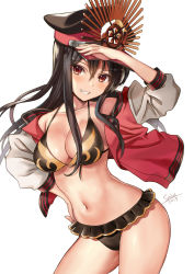 Rule 34 | 1girl, bikini, black bikini, black hair, breasts, collarbone, commentary request, contrapposto, cowboy shot, fate/grand order, fate (series), frilled bikini, frills, grin, hand on own hip, hat, jacket, koha-ace, letterman jacket, long hair, looking at viewer, medium breasts, military hat, navel, oda nobunaga (fate), oda nobunaga (koha-ace), oda nobunaga (swimsuit berserker) (fate), oda nobunaga (swimsuit berserker) (first ascension) (fate), oda nobunaga (swimsuit berserker) (second ascension) (fate), peaked cap, red eyes, red jacket, salute, seiru (prairie), signature, simple background, smile, solo, standing, swimsuit, white background