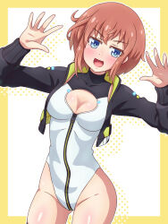 Rule 34 | 1girl, alice gear aegis, arms up, black jacket, blue eyes, bow, bowtie, breasts, brown hair, circle cutout, cleavage cutout, clothing cutout, companion/af, covered collarbone, cowboy shot, front zipper, full-length zipper, heattech leotard, highleg, highleg leotard, highres, jacket, kanagata sugumi, leotard, medium breasts, race queen, short hair, sleeveless turtleneck leotard, smile, solo, turtleneck, two-tone leotard, white background, white leotard, yellow bow, yellow bowtie, yosuzu, zipper, zipper leotard, zipper pull tab
