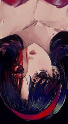 Rule 34 | 1girl, bare shoulders, black hair, blood, blood on face, brown eyes, commentary, hairband, highres, kirigoe mima, looking at viewer, parted bangs, perfect blue, red lips, ri (mettatonnnn), short hair, solo, symbol-only commentary, upper body, upside-down