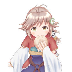 Rule 34 | 1girl, antenna hair, baozi, brown eyes, brown hair, detached sleeves, eating, flower, food, hair flower, hair ornament, highres, holding, holding food, hoposyoi, looking at viewer, medium hair, o-ring, panda hair ornament, rune factory, rune factory 4, simple background, solo, white background, wide sleeves, xiao pai