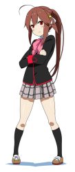 Rule 34 | 1girl, bow, brown hair, crossed arms, ichi-jirushi, ichijirushi, little busters!, long hair, natsume rin, pink bow, plaid, plaid skirt, ponytail, red eyes, school uniform, skirt, solo