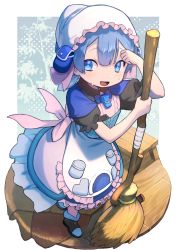Rule 34 | 1boy, absurdres, blue background, blue eyes, blue hair, broom, child, crossdressing, dress, highres, made in abyss, maid, male focus, maromayu, maruruk, outside border, short hair, solo, sweat, trap, wooden floor