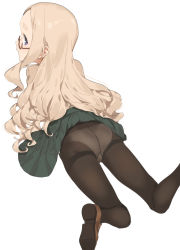 Rule 34 | 1girl, 2l (2lsize), ass, black pantyhose, blonde hair, blush, closed mouth, forehead, from behind, glasses, green skirt, gusset, highres, loafers, long hair, looking back, lying, nose blush, on stomach, original, panties, panties under pantyhose, pantyhose, pleated skirt, purple eyes, school uniform, semi-rimless eyewear, shoes, simple background, skirt, solo, tareme, thick eyebrows, thighband pantyhose, thighs, under-rim eyewear, underwear, wavy hair, white background
