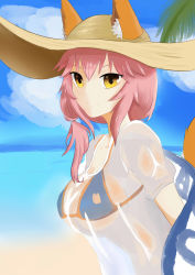 Rule 34 | 10s, 1girl, absurdres, animal ears, bad id, bad pixiv id, bikini, bikini top only, breasts, cleavage, day, fate/extra, fate/grand order, fate (series), fox ears, hat, highres, large breasts, leaning forward, long hair, looking at viewer, ocean, outdoors, pink hair, see-through, smile, solo, summer, swimsuit, tamamo (fate), tamamo no mae (fate/extra), tamamo no mae (swimsuit lancer) (fate), upper body, yellow eyes