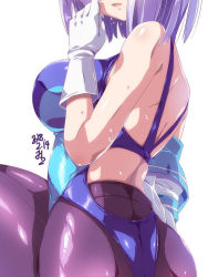 Rule 34 | 1girl, ass, black pantyhose, blue hair, bob cut, competition swimsuit, dated, gloves, hamakaze (kancolle), head out of frame, kantai collection, miuku (marine sapphire), one-piece swimsuit, open mouth, pantyhose, pantyhose under swimsuit, short hair, signature, simple background, sitting, solo, swimsuit, white background, white gloves