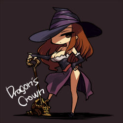 Rule 34 | 1girl, breasts, bridal gauntlets, brown eyes, brown hair, chan co, chibi, cleavage, dragon&#039;s crown, dress, full body, hand on own hip, hat, hat over one eye, hip focus, large breasts, long hair, one eye covered, side slit, skull, solo, sorceress (dragon&#039;s crown), staff, standing, strapless, strapless dress, witch hat