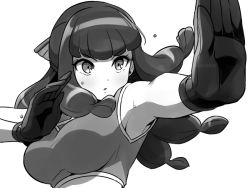 Rule 34 | 1girl, :o, appare-ranman!, asada hachi, breasts, commentary request, fighting stance, gloves, grey background, greyscale, jing xia lian, large breasts, long hair, looking to the side, monochrome, shirt, sleeveless, sleeveless shirt, solo, sweat, twitter username, upper body, watermark